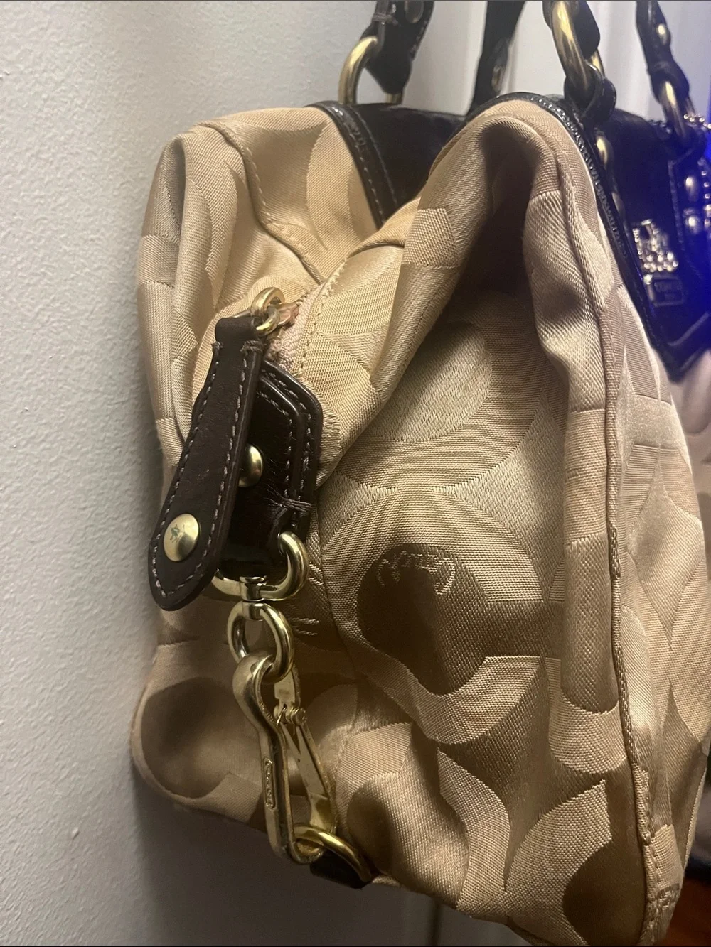 Coach Signature Shoulder Bag in Tan and Brown with Gold Hardware